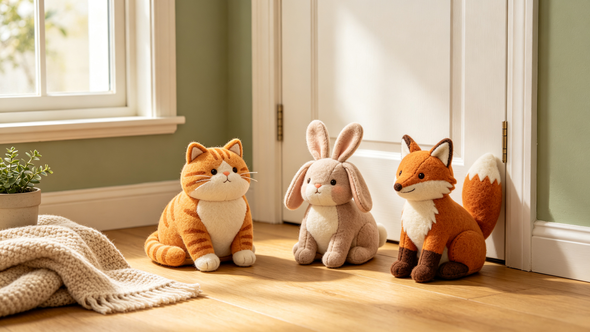 Cute animal door stoppers in a cozy home